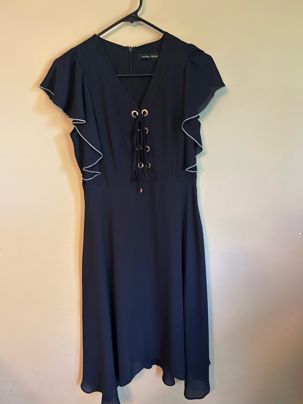 Ivanka Trump Black Chiffon Lace-Up High-Low Midi Dress Rose gold Hardware - Picture 2 of 4
